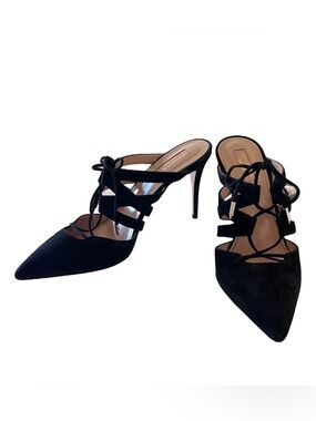 AQUAZZURA BELGRAVIA 85 MID-HEEL BLACK SUEDE LACE-UP MULES EU 38.5 $725